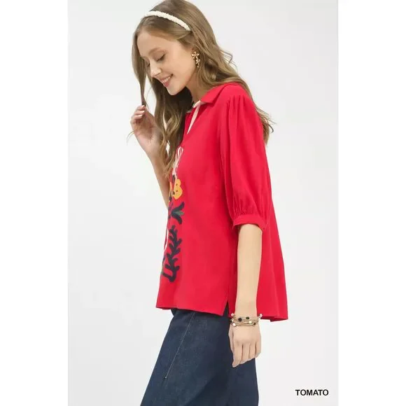 Umgee Mixed Media V-Neck Print Blouse - Picture 2 of 4